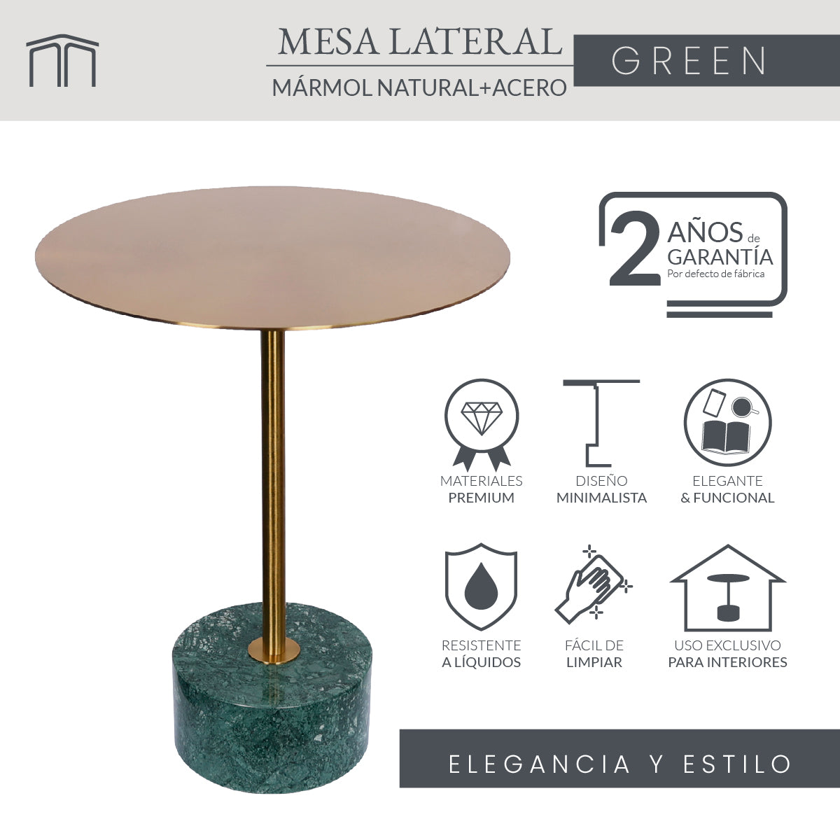 Mesa Lateral Mármol Natural Y Acero Cepillado Verde 40x50 Japandi