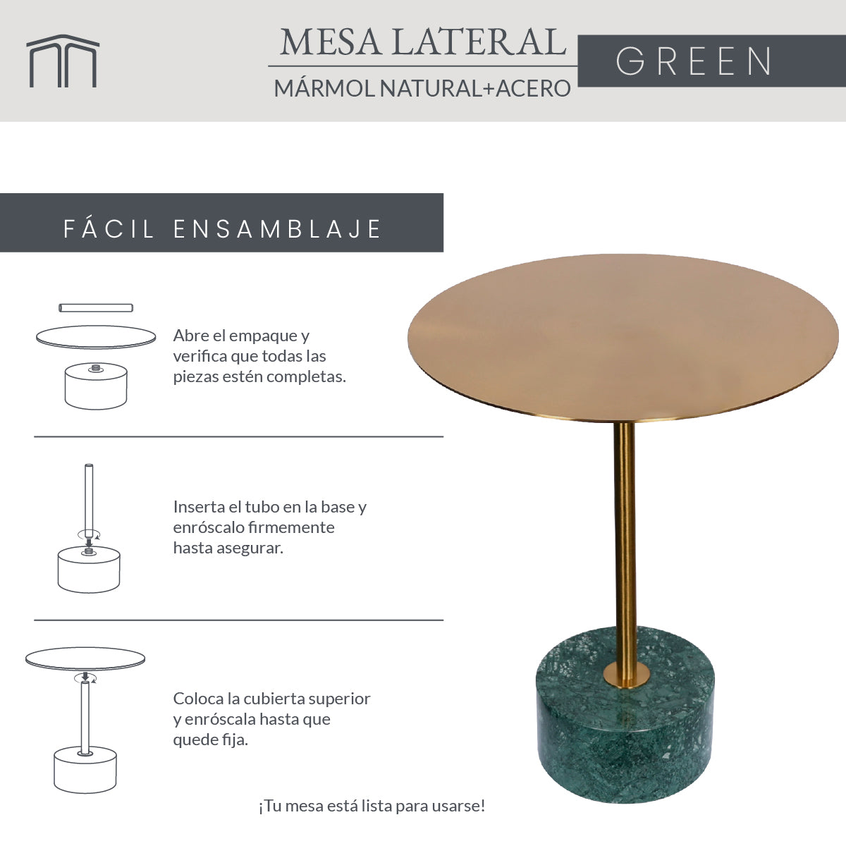 Mesa Lateral Mármol Natural Y Acero Cepillado Verde 40x50 Japandi