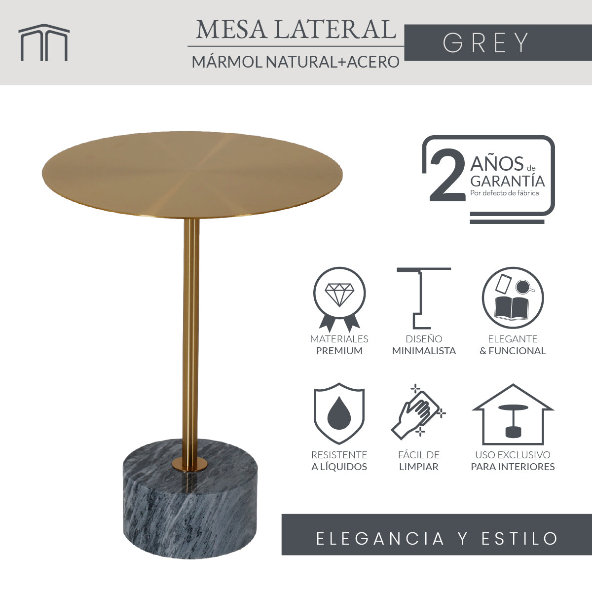 Mesa Lateral Mármol Natural Y Acero Cepillado Gris 40x50 Japandi