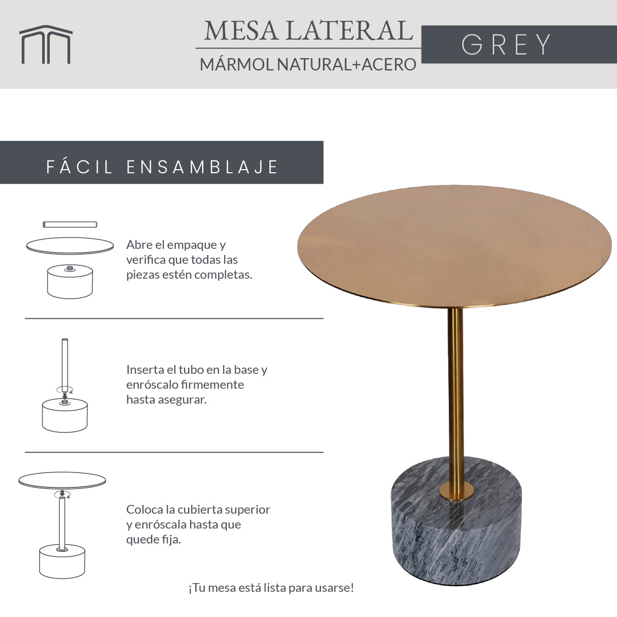 Mesa Lateral Mármol Natural Y Acero Cepillado Gris 40x50 Japandi